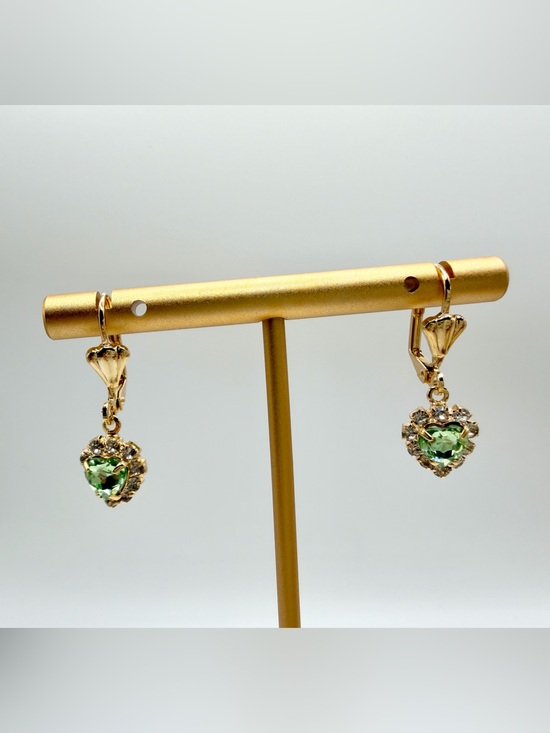 Krystallography Jewelry - Gold Plated Heart Drop Earrings with Peridot Green Crystal Center